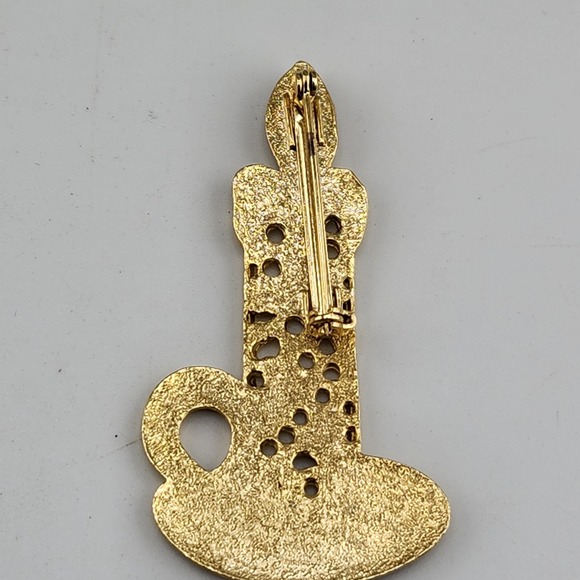 VINTAGE Enamel Christmas CANDLESTICK PIN Gold Filigree Candle RED WHITE 2.5" - Picture 2 of 3